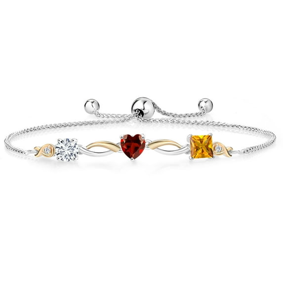 Gem Stone King 925 Silver and 10K Yellow Gold Red Garnet Yellow Citrine and Lab Grown Diamond Tennis Bracelet for Women By Keren Hanan (2.10 cttw, Adjustable up To 9 inch)