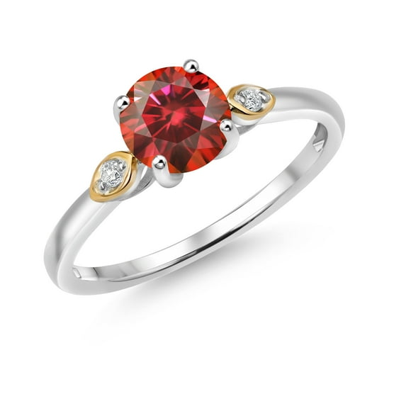 Gem Stone King 925 Silver and 10K Yellow Gold Red Moissanite and White Lab Grown Diamond 3-Stone Engagement Ring for Women (1.03 Cttw, Gemstone Birthstone, Size 6)