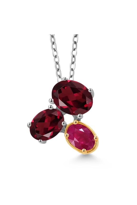 925 Silver and 10K Yellow Gold Red Rhodolite Garnet and Red Ruby Pendant Necklace for Women (2.85 Cttw, Oval 8X6MM, 7X5MM and 6X4MM, Gemstone January Birthstone, with 18 inch Chain)