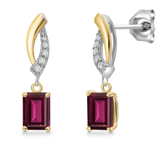 Gem Stone King 925 Silver and 10K Yellow Gold Red Rhodolite Garnet and White Lab Grown Diamond Dangle Earrings for Women | 1.51 Cttw | Gemstone January Birthstone | Emerald Cut 6X4MM