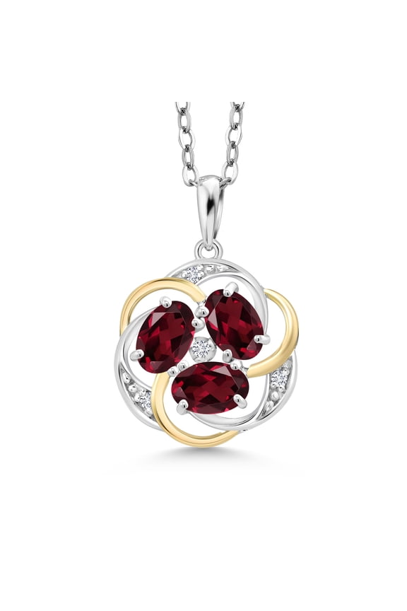 925 Silver and 10K Yellow Gold Red Rhodolite Garnet and White Lab Grown Diamond Pendant Necklace for Women | 1.54 Cttw | Gemstone January Birthstone | Oval 6X4MM | With 18 inch Chain