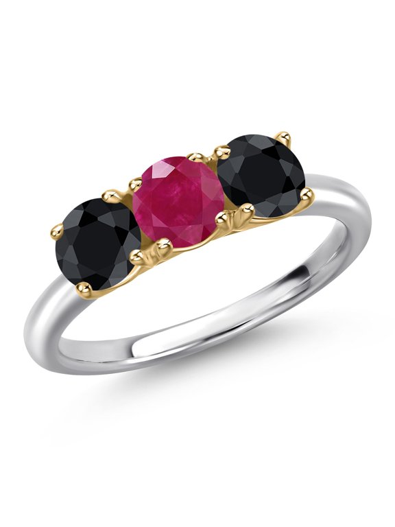 925 Silver and 10K Yellow Gold Red Ruby and Black Sapphire Engagement Ring for Women | 1.93 Cttw | Round 5MM | Gemstone July Birthstone | Size 8