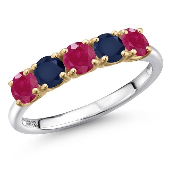 Gem Stone King 925 Silver and 10K Yellow Gold Red Ruby and Blue Sapphire Wedding-Bands Ring for Women | 1.75 Cttw | Round 4MM | Gemstone July Birthstone | Size 7