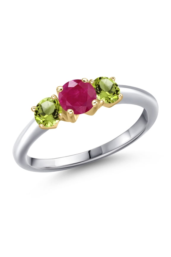 925 Silver and 10K Yellow Gold Red Ruby and Green Peridot Engagement Ring for Women | 1.15 Cttw | Round 5MM | Gemstone July Birthstone | Size 5