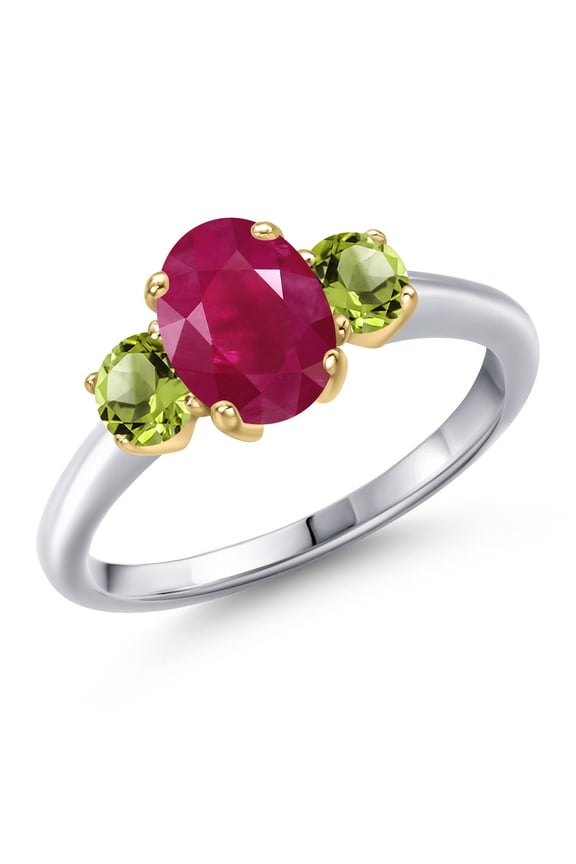 925 Silver and 10K Yellow Gold Red Ruby and Green Peridot Engagement Ring for Women | 2.20 Cttw | Oval 8X6MM | Gemstone July Birthstone | Size 6