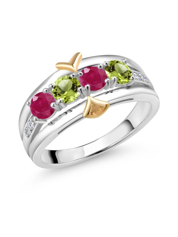 925 Silver and 10K Yellow Gold Red Ruby Green Peridot and Lab Grown Diamond Band Ring for Women | 1.35 Cttw | Gemstone Birthstone | Round 4MM | Size 5,6,7,8,9
