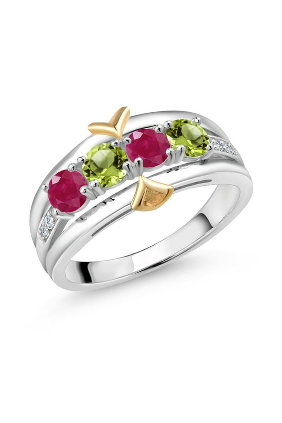 925 Silver and 10K Yellow Gold Red Ruby Green Peridot and Lab Grown Diamond Band Ring for Women | 1.35 Cttw | Gemstone Birthstone | Round 4MM | Size 5,6,7,8,9