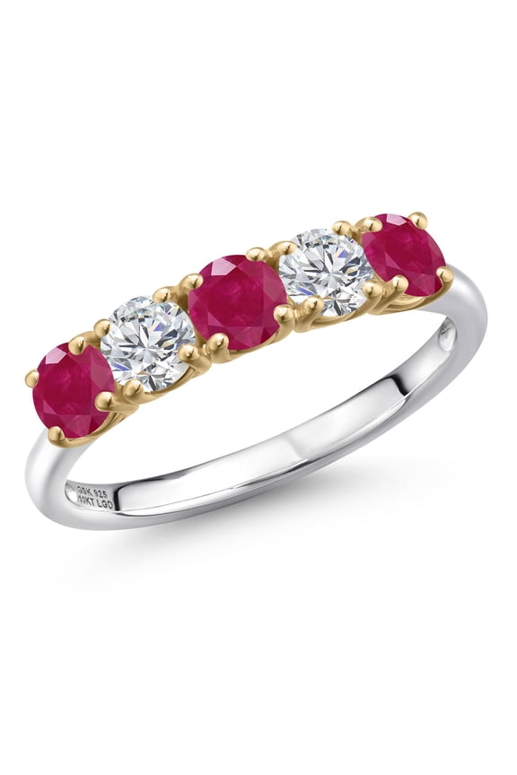 925 Silver and 10K Yellow Gold Red Ruby and Lab Grown Diamond Wedding-Bands Ring for Women | 1.59 Cttw | Round 4MM | Gemstone July Birthstone | Size 9