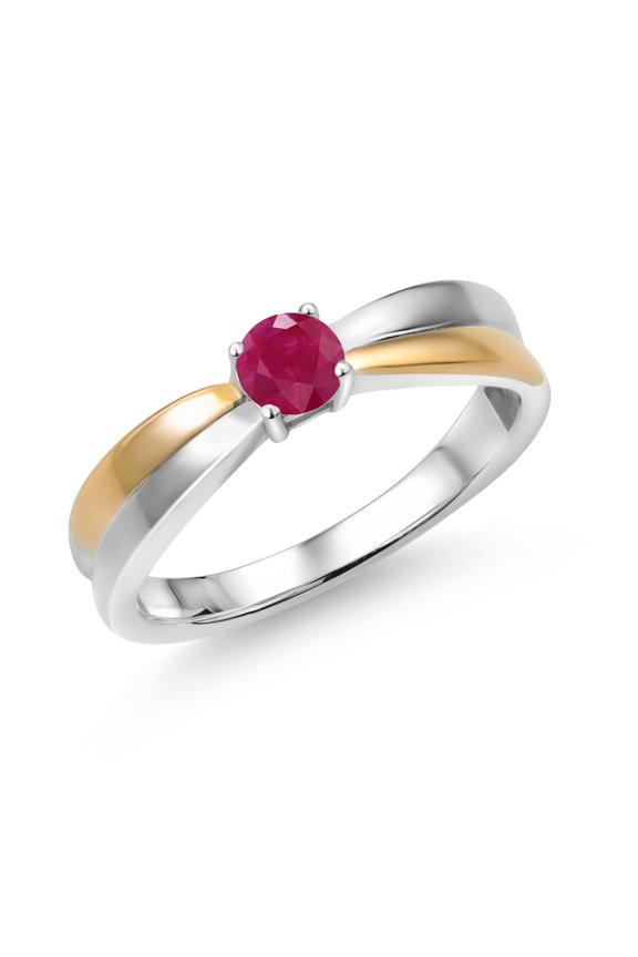 925 Silver and 10K Yellow Gold Red Ruby Solitaire Engagement Ring for Women (0.35 Cttw, Round 4MM, Gemstone Birthstone, Available in Size 5, 6, 7, 8, 9)