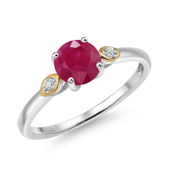 Gem Stone King 925 Silver and 10K Yellow Gold Red Ruby and White Lab Grown Diamond 3-Stone Engagement Ring for Women (1.03 Cttw, Round 6MM, Gemstone July Birthstone, Size 5)