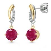 GEM STONE KING 925 Silver and 10K Yellow Gold Red Ruby and White Lab Grown Diamond Dangle Earrings for Women | 2.05 Cttw | Gemstone July Birthstone | Round 6MM