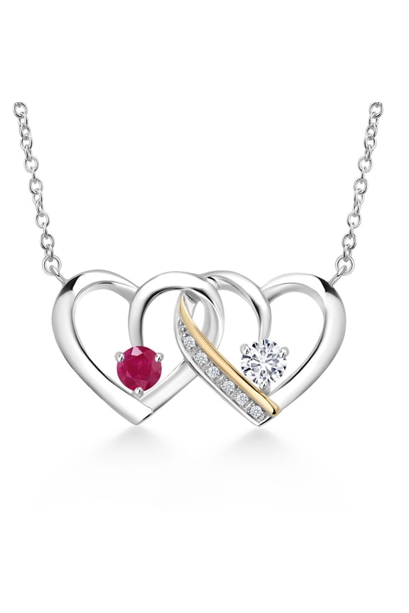 925 Silver and 10K Yellow Gold Red Ruby and Lab Grown Diamond Necklace Necklace for Women | 0.65 Cttw | Gemstone July Birthstone | Round 4MM | With 18 inch Chain