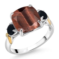 Gem Stone King 925 Silver and 10K Yellow Gold Red Tiger Eye and Black Onyx 3 Stone Ring for Women (3.94 Cttw, Gemstone Birthstone, Cushion 10MM, Round 4MM, Size 8)
