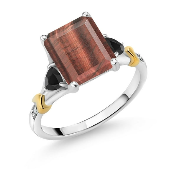 Gem Stone King 925 Silver and 10K Yellow Gold Red Tiger Eye and Black Onyx and Diamond Engagement Ring for Women (3.26 Cttw, Emerald Cut 10X8MM, Trillion 3.5MM, Size 9)