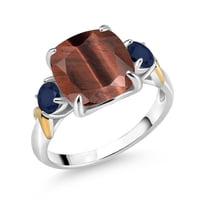 Gem Stone King 925 Silver and 10K Yellow Gold Red Tiger Eye and Blue Sapphire 3 Stone Ring for Women (4.20 Cttw, Gemstone Birthstone, Cushion 10MM, Round 4MM, Size 5)