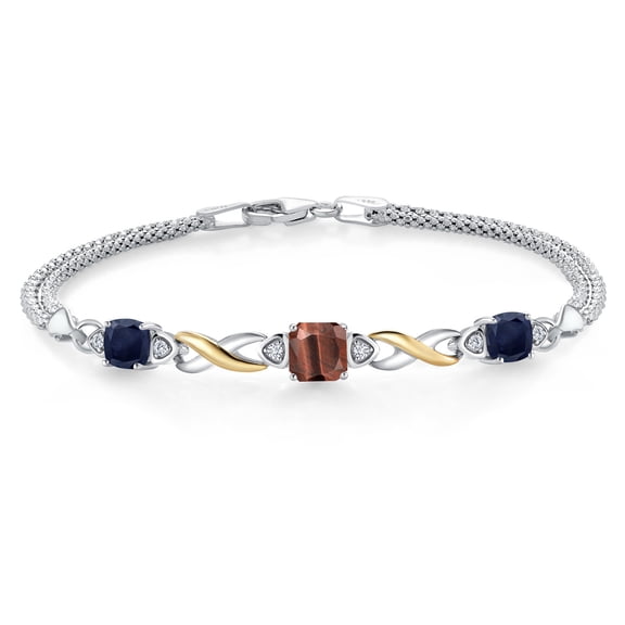 Gem Stone King 925 Silver and 10K Yellow Gold Red Tiger Eye and Blue Sapphire and White Lab Grown Diamond Bracelet for Women (2.49 Cttw, Gemstone, Cushion 6MM, 7 inches, Made in Italy)