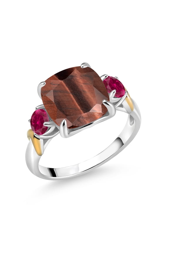 925 Silver and 10K Yellow Gold Red Tiger Eye and Red Created Ruby 3 Stone Ring for Women (4.00 Cttw, Gemstone Birthstone, Cushion 10MM, Round 4MM, Size 7)