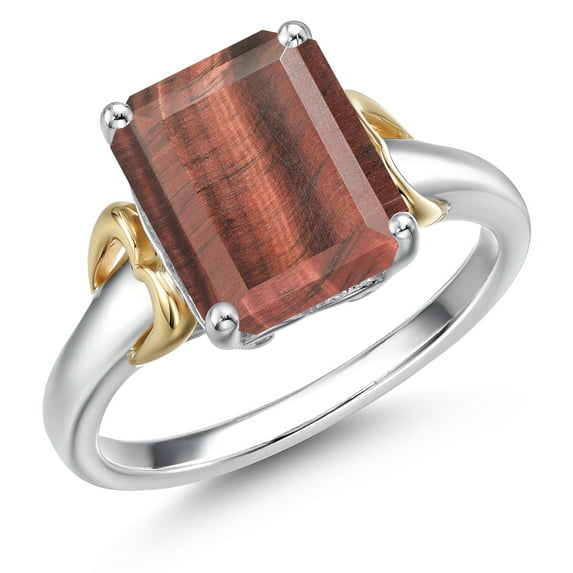 Gem Stone King 925 Silver and 10K Yellow Gold Red Tiger Eye Solitaire Engagement Ring for Women | 3.00 Cttw | Emerald Cut 10X8MM | Gemstone Birthstone | Size 5