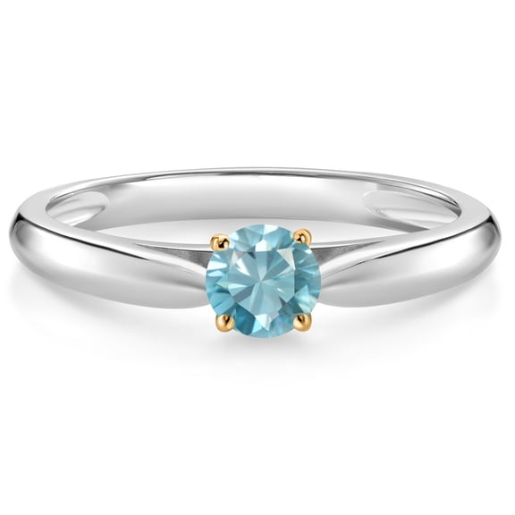 Gem Stone King 925 Silver and 10K Yellow Gold Ring Blue Zircon Solitaire Engagement Ring for Women (0.50 Cttw, Gemstone December Birthstone, Round 4MM, Size 7)