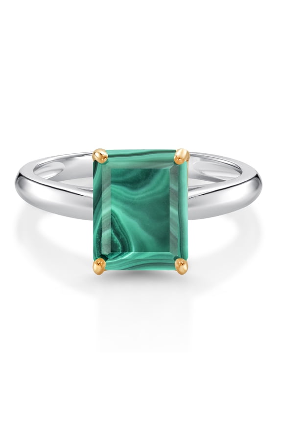 925 Silver and 10K Yellow Gold Ring Green Malachite Engagement Ring for Women (3.50 Cttw, Emerald Cut 9X7MM, Gemstone, Available in Size 5, 6, 7, 8, 9)