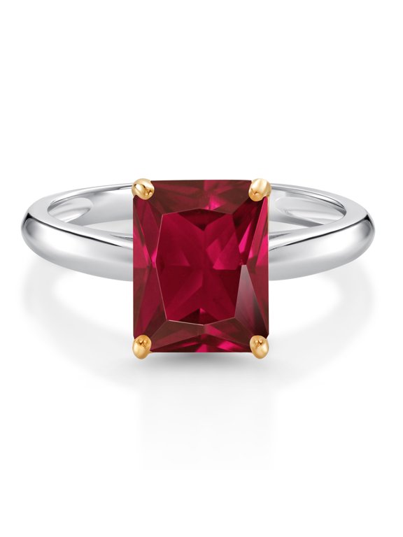 925 Silver and 10K Yellow Gold Ring Red Created Ruby Engagement Ring for Women (2.80 Cttw, Emerald Cut 9X7MM, Gemstone July Birthstone, Available in Size 5, 6, 7, 8, 9)