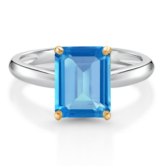 Gem Stone King 925 Silver and 10K Yellow Gold Ring Swiss Blue Topaz Engagement Ring for Women (2.50 Cttw, Octagon 9X7MM, Gemstone November Birthstone, Available in Size 5, 6, 7, 8, 9)