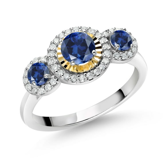 Gem Stone King 925 Silver and 10K Yellow Gold Round Blue Created Sapphire and White Lab Grown Diamond 3 Stone Women Engagement Ring (0.84 Cttw, Size 9)