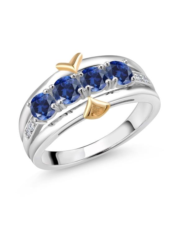 925 Silver and 10K Yellow Gold Round Blue Created Sapphire and White Lab Grown Diamond 4-Stone Band Ring for Women (1.05 Cttw, Size 6)