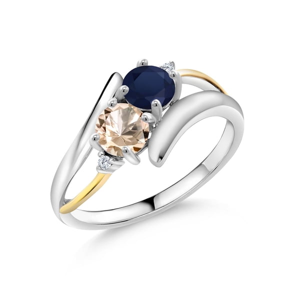 Gem Stone King 925 Silver and 10K Yellow Gold Round Blue Sapphire and Peach Morganite Women Ring (1.02 Cttw, Gemstone Birthstone, Size 8)