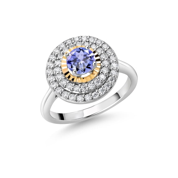Gem Stone King 925 Silver and 10K Yellow Gold Round Blue Tanzanite and White Moissanite Women Ring (0.83 Cttw, Gemstone Birthstone, Available in Size 5, 6, 7, 8, 9)