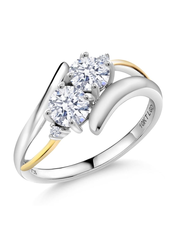 925 Silver and 10K Yellow Gold Round CZ Simulated Diamond Two Stone Crossover Ring for Women (1.53 Cttw, Size 5)