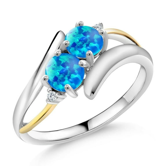 Gem Stone King 925 Silver and 10K Yellow Gold Round Cabochon Blue Simulated Opal and Lab Grown Diamond Two Stone Crossover Ring for Women (1.02 Cttw, Size 8)