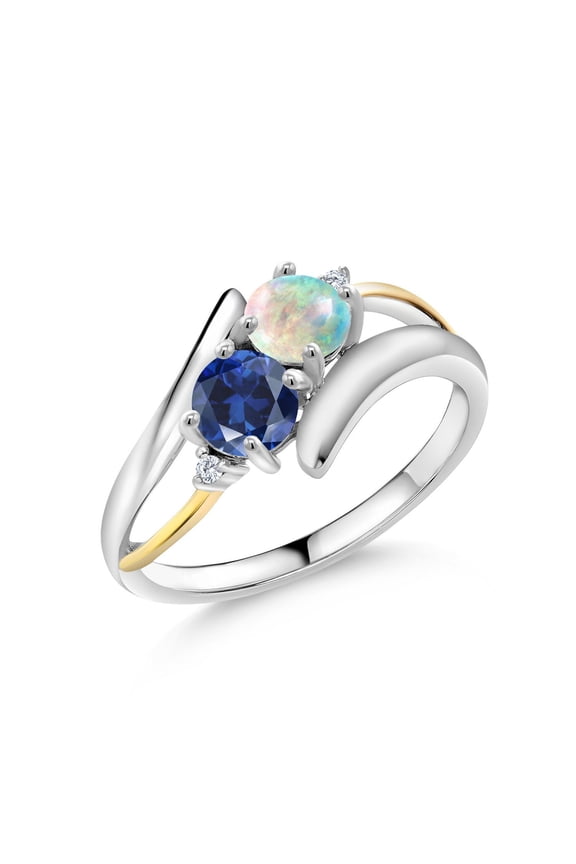 925 Silver and 10K Yellow Gold Round Cabochon White Simulated Opal Blue Created Sapphire and White Lab Grown Diamond 2 Stone Crossover Ring (1.12 Cttw, Size 8)