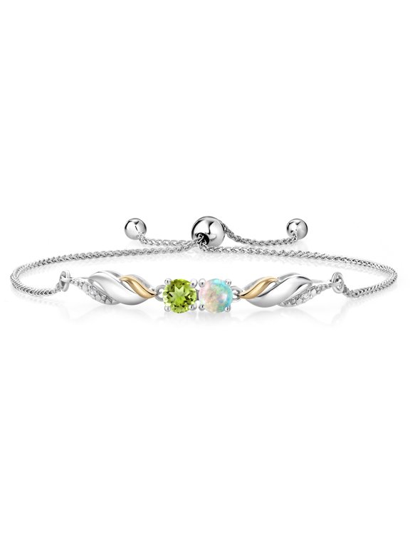 925 Silver and 10K Yellow Gold Round Cabochon White Simulated Opal Green Peridot and White Lab Grown Diamond Tennis Bracelet for Women (1.07 Cttw, Fully Adjustable up to 9 inch)