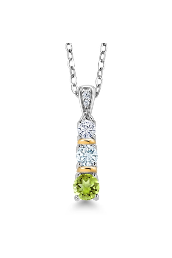 925 Silver and 10K Yellow Gold Round Green Peridot Sky Blue Aquamarine and White Moissanite Pendant Necklace for Women (0.57 Cttw, Gemstone August Birthstone, with 18 inch Chain)