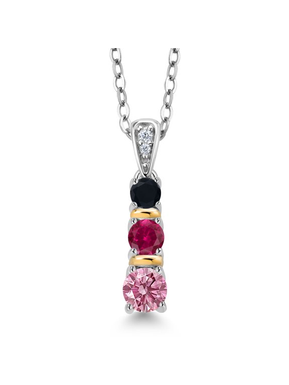 925 Silver and 10K Yellow Gold Round Pink Lab Grown Diamond Red Created Ruby and Black Onyx Pendant Necklace for Women (0.60 Cttw, Gemstone April Birthstone, with 18 inch Chain)