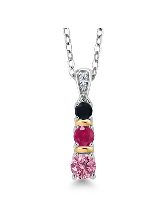925 Silver and 10K Yellow Gold Round Pink Lab Grown Diamond Red Ruby and Black Onyx Pendant Necklace for Women (0.60 Cttw, Gemstone April Birthstone, with 18 inch Chain)