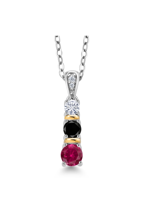 925 Silver and 10K Yellow Gold Round Red Created Ruby Black Diamond and White Moissanite Pendant Necklace for Women (0.52 Cttw, Gemstone July Birthstone, with 18 inch Chain)