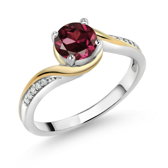 Gem Stone King 925 Silver and 10K Yellow Gold Round Red Rhodolite Garnet and White Moissanite Women Ring (1.05 Cttw, Gemstone Birthstone, Size 7)