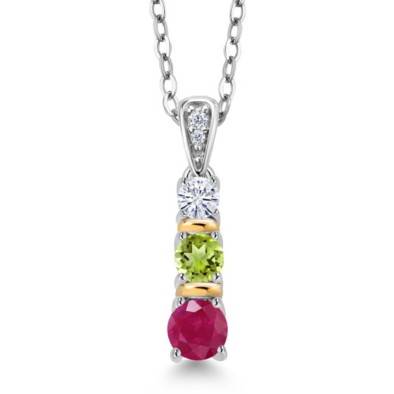 Gem Stone King 925 Silver and 10K Yellow Gold Round Red Ruby Green Peridot and White Moissanite Pendant Necklace for Women (0.66 Cttw, Gemstone July Birthstone, with 18 inch Chain)