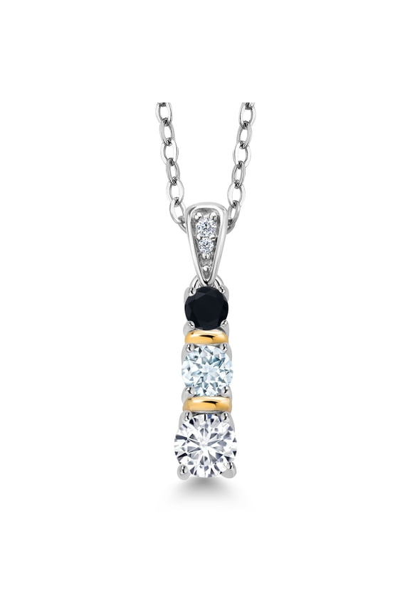 925 Silver and 10K Yellow Gold Round White Lab Grown Diamond Sky Blue Aquamarine and Black Onyx Pendant Necklace for Women (0.54 Cttw, Gemstone April Birthstone, with 18 inch Chain)