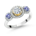 thumbnail image 1 of Gem Stone King 925 Silver and 10K Yellow Gold Round White Moissanite Tanzanite Blue and Lab Grown Diamond 3-Stone Engagement Ring for Women (0.84 Cttw, Size 7), 1 of 3