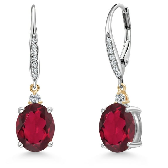 Gem Stone King 925 Silver and 10K Yellow Gold Ruby Red Mystic Quartz and White Lab Grown Diamond Dangle Earrings for Women | 5.63 Cttw | Gemstone | Oval 10X8MM