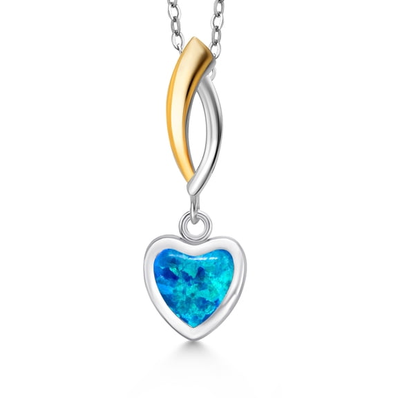 Gem Stone King 925 Silver and 10K Yellow Gold Simulated Blue Opal Pendant Necklace for Women | 0.75 Cttw | Gemstone October Birthstone | Heart Shape 6MM | With 18 inch Chain