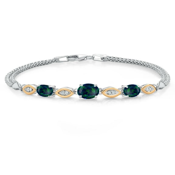 Gem Stone King 925 Silver and 10K Yellow Gold Simulated Green Opal and White Lab Grown Diamond Bracelet for Women (1.69 Cttw, Gemstone October Birthstone, Oval Cabochon, Wheat Chain, 6.5 inches)