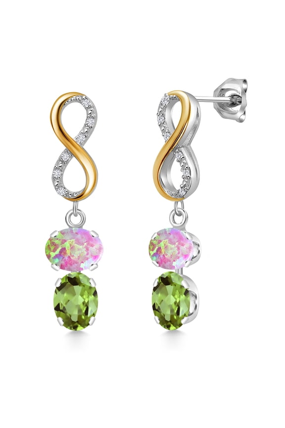 925 Silver and 10K Yellow Gold Simulated Pink Opal and Green Peridot and Lab Grown Diamond Dangle Earrings for Women | 5.06 Cttw | Gemstone October Birthstone | Oval Cabochon 8X6MM