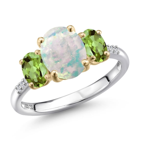Gem Stone King 925 Silver and 10K Yellow Gold Simulated White Opal and Green Peridot and Lab Grown Diamond Engagement Ring for Women | 2.06 Cttw | Oval Cabochon 9X7MM | October Birthstone | Size 9