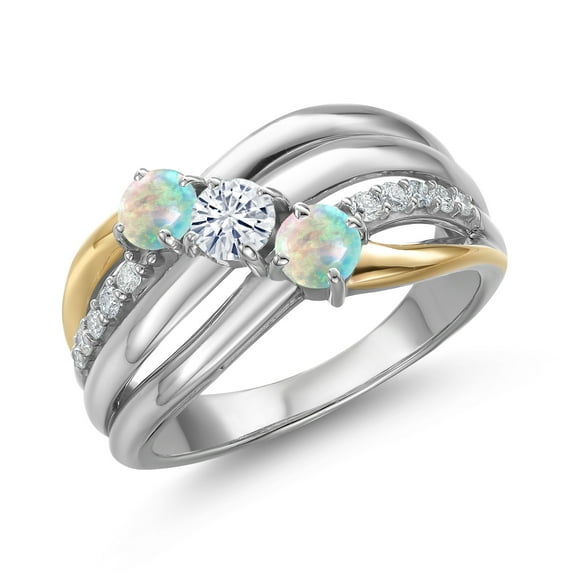 Gem Stone King 925 Silver and 10K Yellow Gold Simulated White Opal and Moissanite and Lab Grown Diamond Engagement Ring for Women | 0.88 Cttw | Round Cabochon 4MM | October Birthstone | Size 8