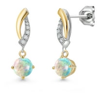 Gem Stone King 925 Silver and 10K Yellow Gold Simulated White Opal and White Lab Grown Diamond Stud Earrings for Women | 1.05 Cttw | Gemstone October Birthstone | Round Cabochon 5MM