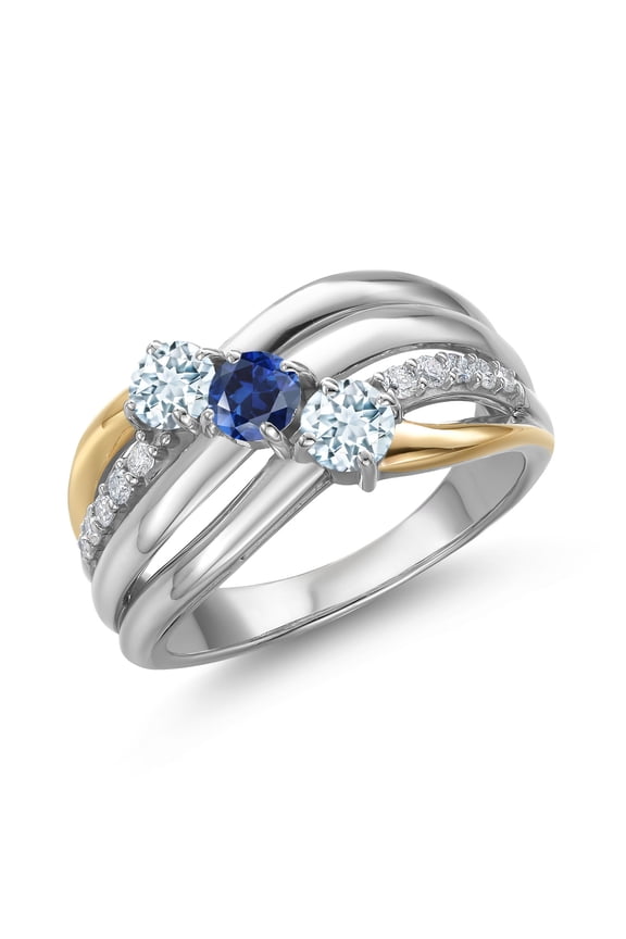 925 Silver and 10K Yellow Gold Sky Blue Aquamarine and Blue Created Sapphire and Lab Grown Diamond Engagement Ring for Women | 0.90 Cttw | Round 4MM | March Birthstone | Size 8